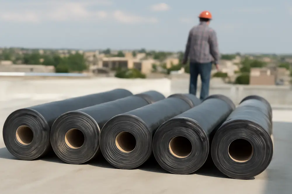 رول‌های ایزوگام به‌طور مرتب روی پشت‌بام چیده شده‌اند و کارگر ساختمانی در پس‌زمینه در حال نظاره به چشم‌انداز شهری بردسکن است