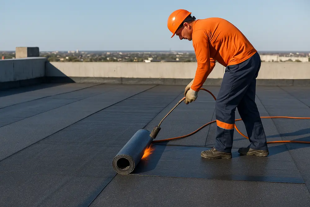 نصاب ایزوگام در حال نصب ایزوگام روی پشت بام از نمای دور با لباس نارنجی و آبی