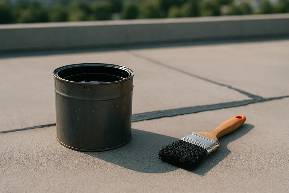 سطل چسب ایزوگام و قلم مو روی پشت بام