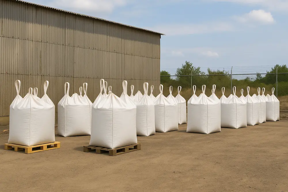 چیدمان منظم کیسه های قیر جانبو بگ روی پالت در محوطه کارگاه