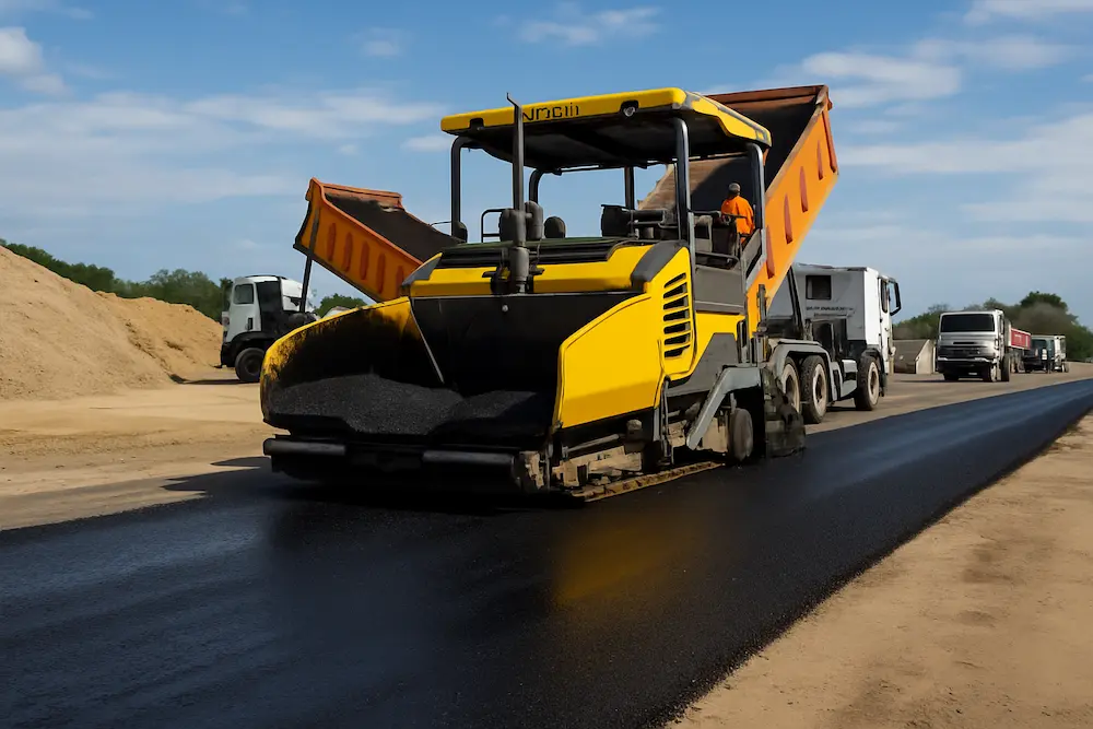 اجرای آسفالت داغ با فینیشر در کارگاه راهسازی