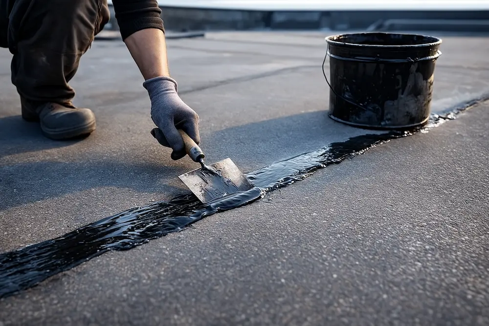 اجرای چسب ایزوگام روی سطح آسفالتی پشت بام برای آب بندی و پوشاندن شکاف عایق