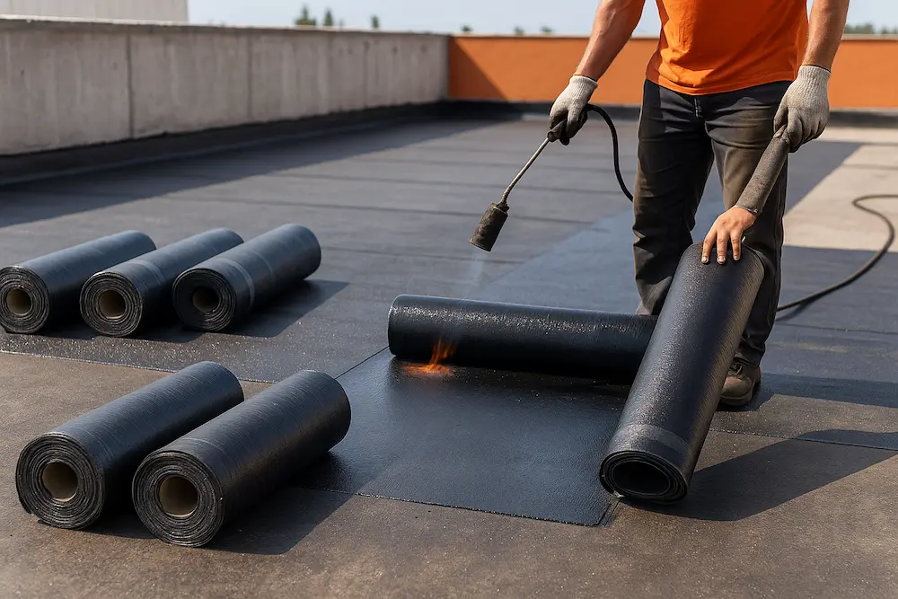 نصب رول ایزوگام با مشعل روی پشت بام تخت