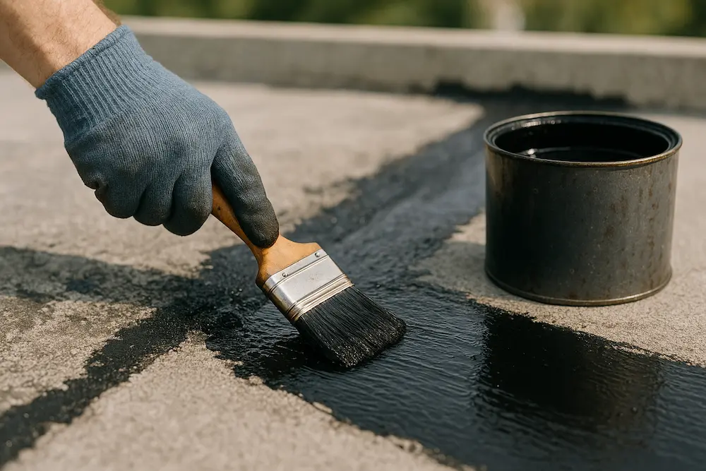 استفاده از چسب ایزوگام با قلم مو برای ترمیم و تقویت درزهای عایق رطوبتی قدیمی روی پشت بام