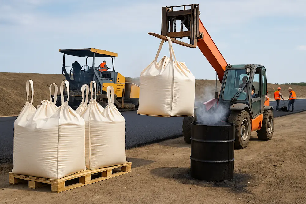 قیر جانبو بگ در کارگاه عایق کاری و آسفالت با لیفتراک و دیگ قیر