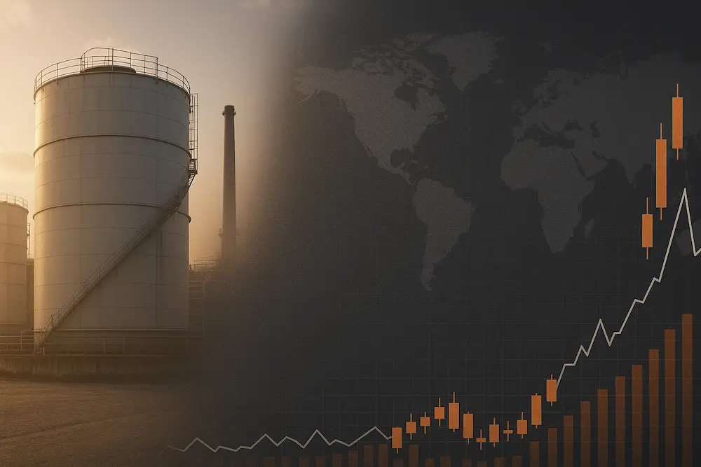 مخازن ذخیره قیر در کنار نمودارهای قیمتی برای نشان دادن تحلیل عوامل مؤثر بر قیمت قیر مخلوط