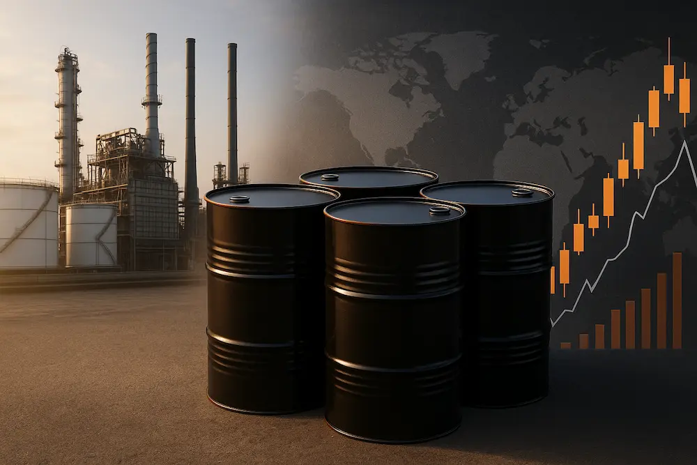 نمای پالایشگاه نفت، بشکه‌های قیر و نمودار قیمتی برای نشان دادن عوامل مؤثر بر قیمت قیر مخلوط