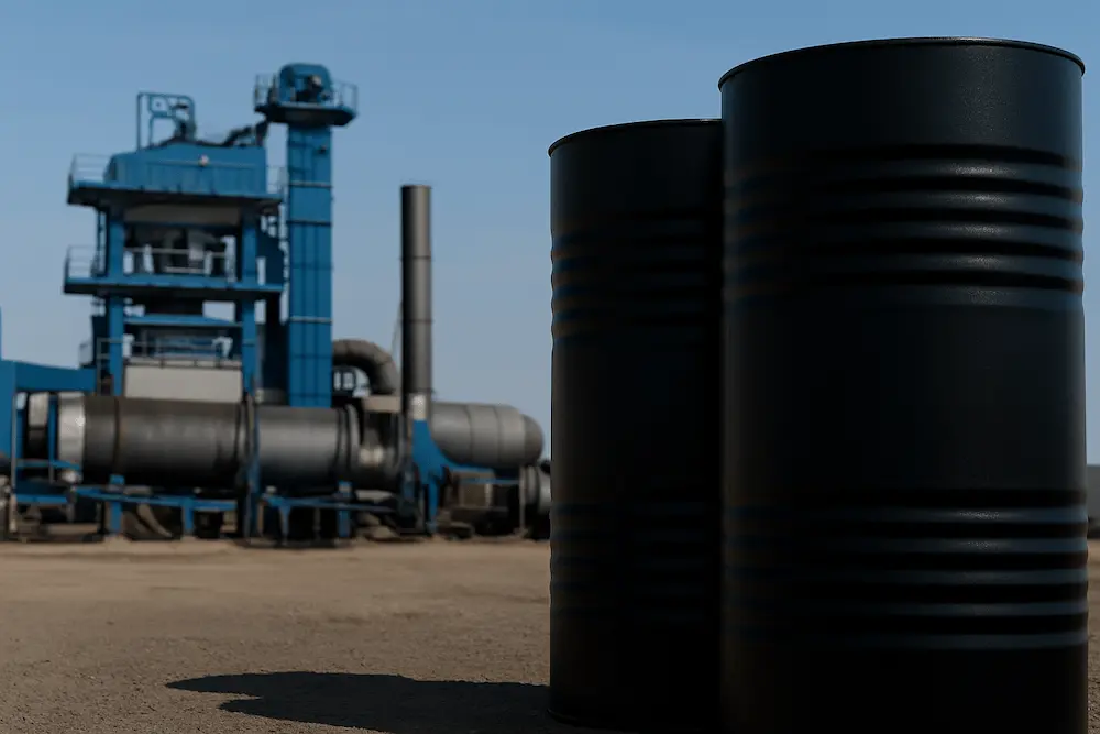 قیر 115/15 نمای افقی از بشکههای قیر در جلوی یک کارخانه تولید قیر و آسفالت در فضای باز