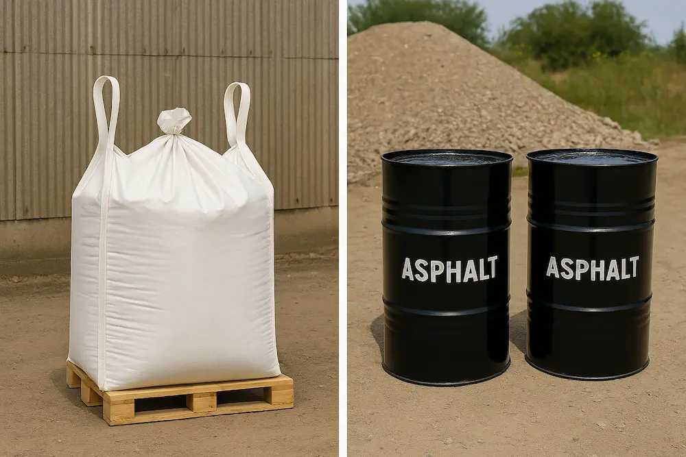 مقایسه چند کیسه قیر جانبو بگ با ردیف بشکه های فلزی قیر در محوطه انبار