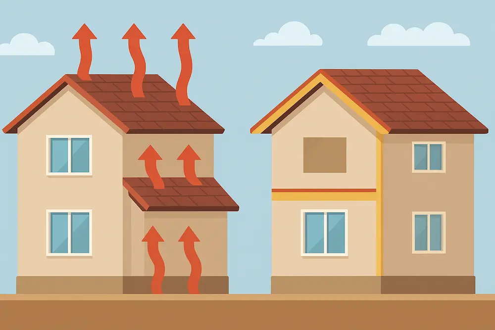 نمای افقی ساختمان با لایه‌های عایق روی بام و دیوارها