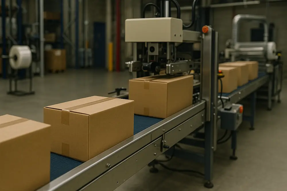 خط بسته بندی کارتن قیر روی نوار نقاله