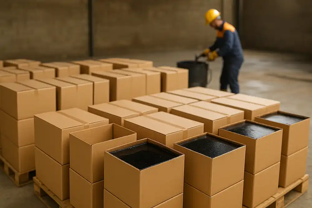 کارتن های قیر روی پالت در انبار