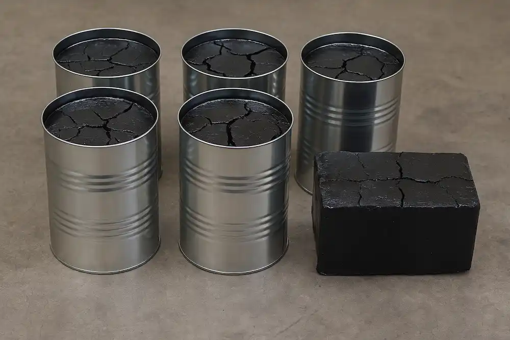 قیر حلبی جامد داخل چند حلب فلزی استوانه ای در کنار یک قالب قیر مکعبی