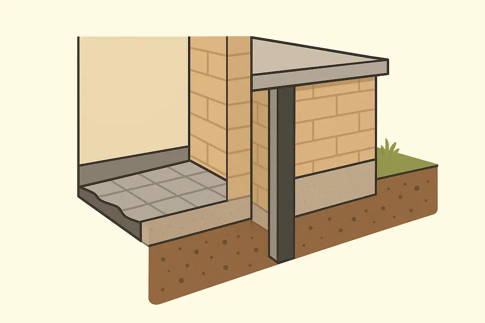 نمای مقطعی عایق رطوبتی بیرونی و داخلی در دیوار و فونداسیون ساختمان