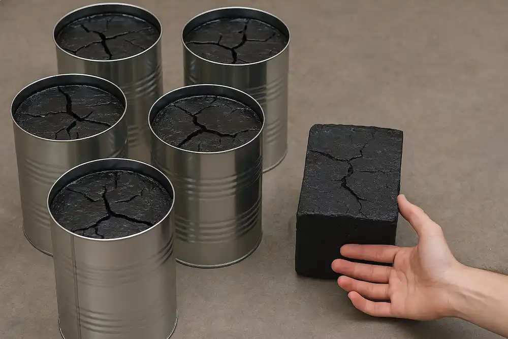 چند حلب فلزی قیر حلبی در کنار قالب قیر و دست خریدار برای نشان دادن خرید و قیمت قیر حلبی