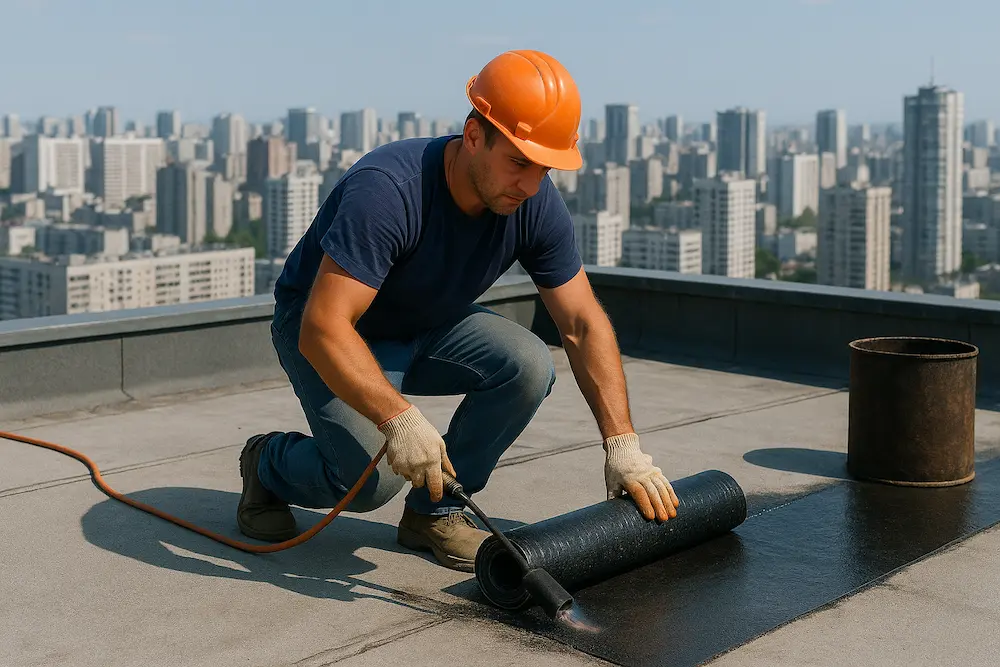 کارگر در حال نصب ایزوگام روی بام با پسزمینه برجهای شهری