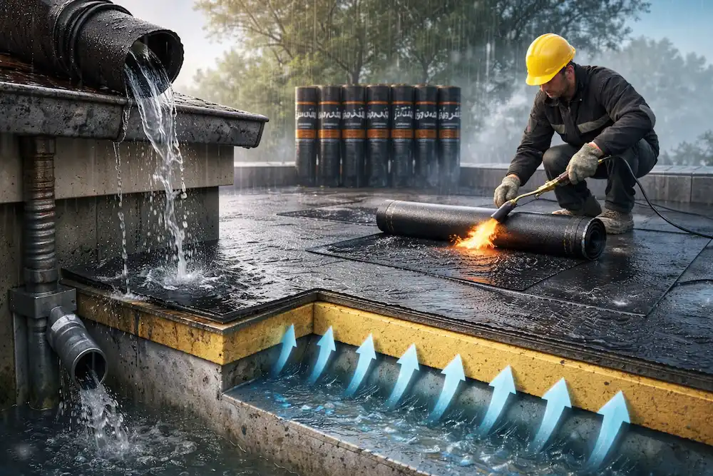 اجرای ایزوگام روی پشت بام خیس برای جلوگیری از نفوذ آب